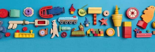 Colorful toys on blue background flat lay set