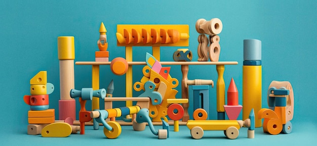 Colorful toys on blue background