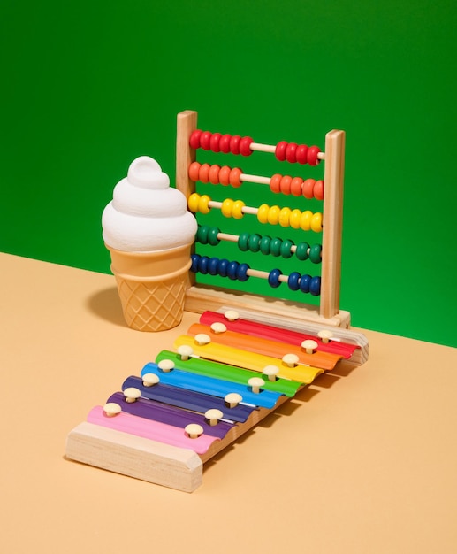 Photo colorful toys for kids play time and holiday xylophone ice cream and abacus