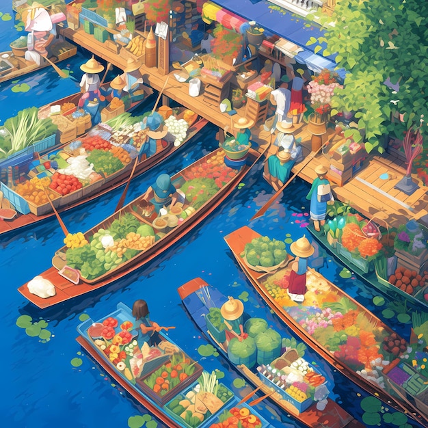 Photo colorful traditional floating market scene
