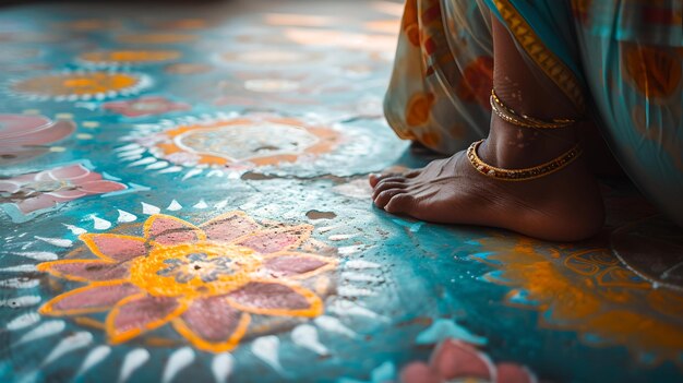 Colorful traditional floor art and a womans adorned feet vibrant cultural expression ethnic style closeup of handcrafted detail AI