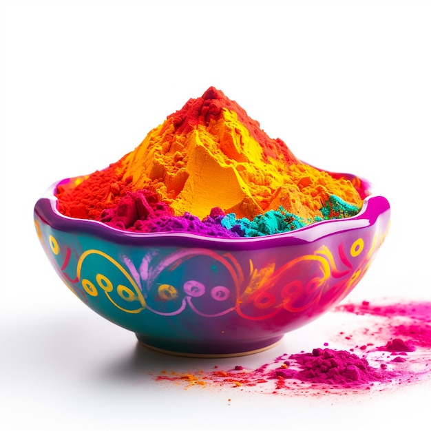 Colorful traditional holi powder in bowls Happy holi Concept Indian color festival called Holi Organic Gulal dust