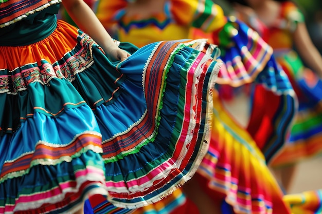 メキシコ の 伝統 的 な 色々 な スカート が 踊り の 中 で 旋回 し て いる