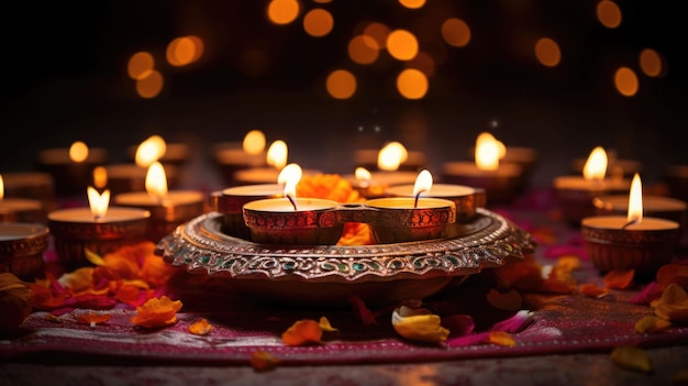 Colorful traditional oil lamps diya lit during diwali celebration Hindu festival of lights celebration AI generated illustration