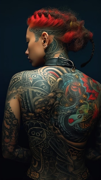 Photo colorful traditional tattoo design on a woman's back