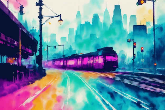 A colorful train is going down the tracks in a city.