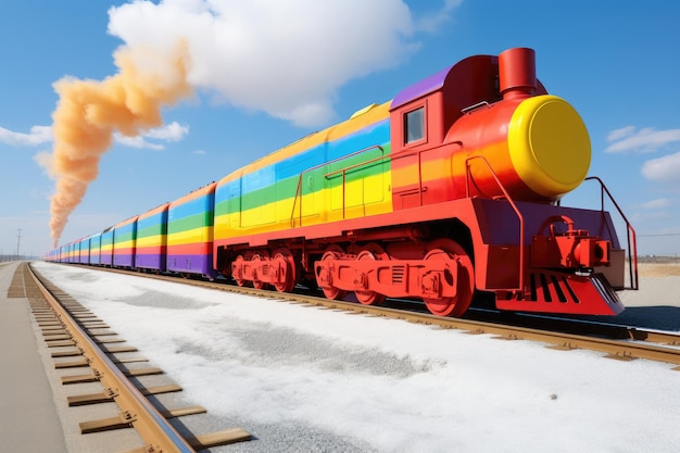 a colorful train on tracks