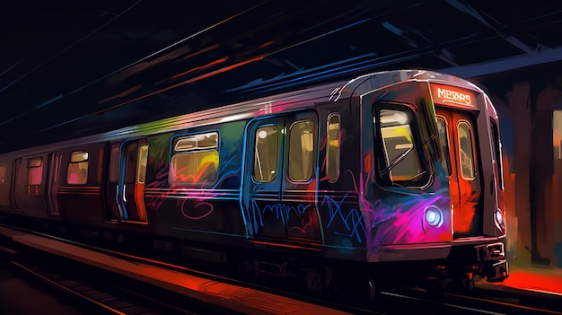 A colorful train with graffiti on the side of it.