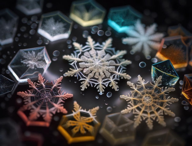 Colorful translucent snowflake on dark background created with Generative AI technology