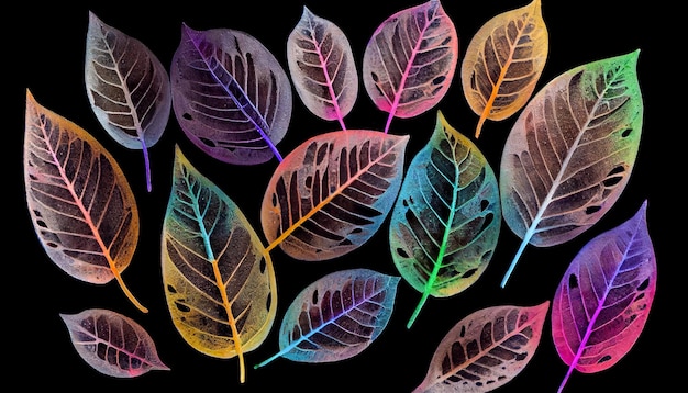 Photo colorful transparent skeleton leaves on a black background generative ai