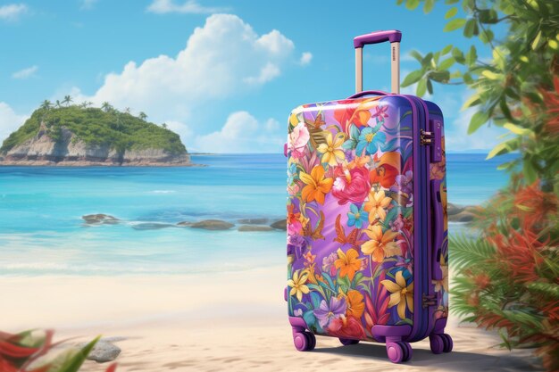 Colorful travel suitcase with wheels on beautiful beach perfect for summer vacations and tourism