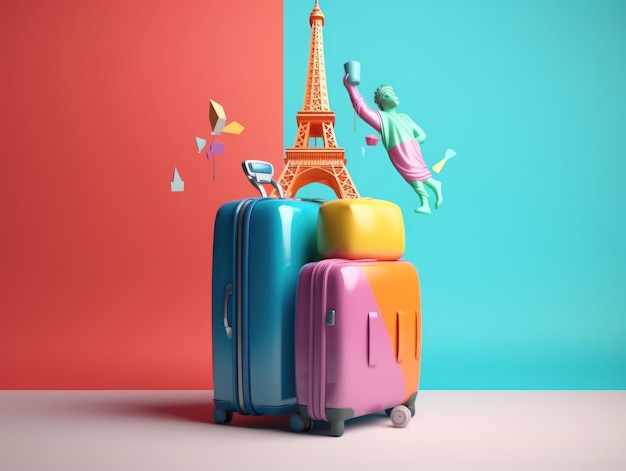 Colorful travel and summer concept with suitcase with colorful background generative ai