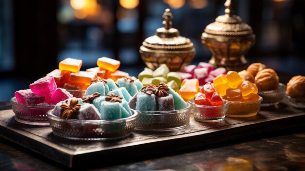 Photo a colorful tray overflows with a variety of delicious candies creating a tempting display of sugary