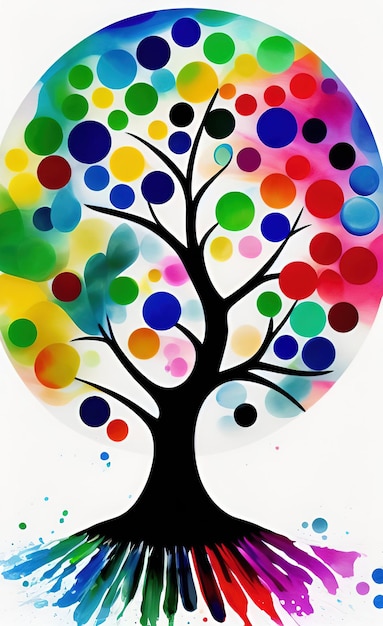 A colorful tree is painted on a white background