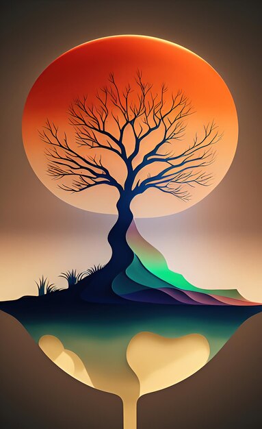 A colorful tree is silhouetted against a sun