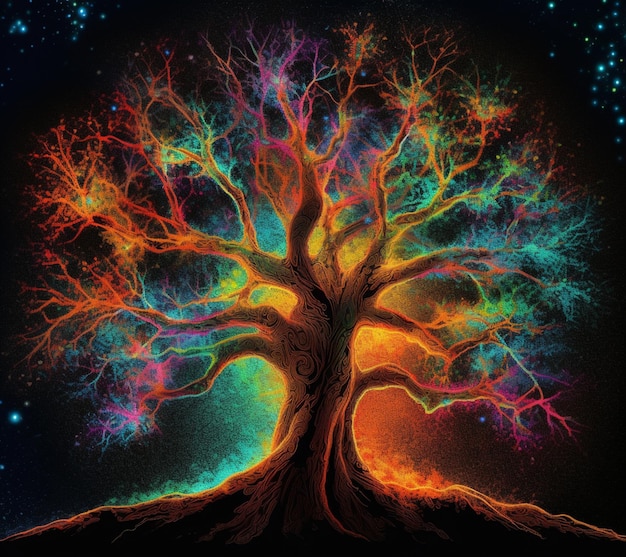 A colorful tree in the night sky