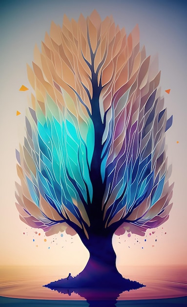 A colorful tree with a blue and orange background.