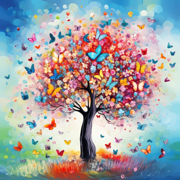 Colorful tree with butterflies