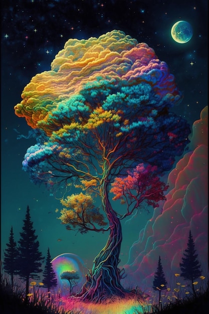 A colorful tree with a cloud on it