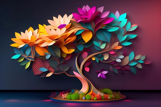 Colorful tree with leaves on hanging branches illustration background 3d abstraction wallpaper