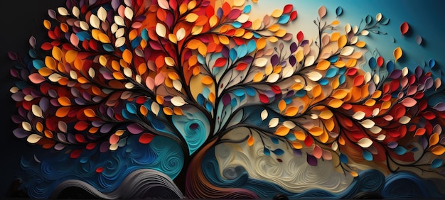 나가지 에 잎 이 매달린 다채로운 나무 그림 배경