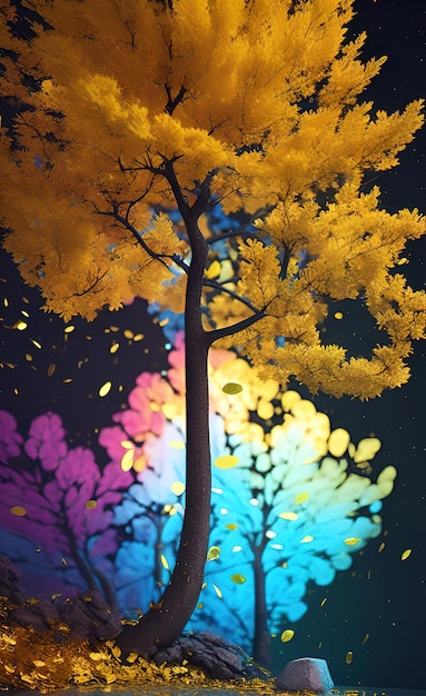 A colorful tree with a rainbow background