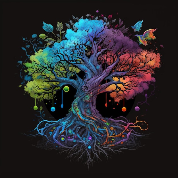 A colorful tree with a rainbow on it