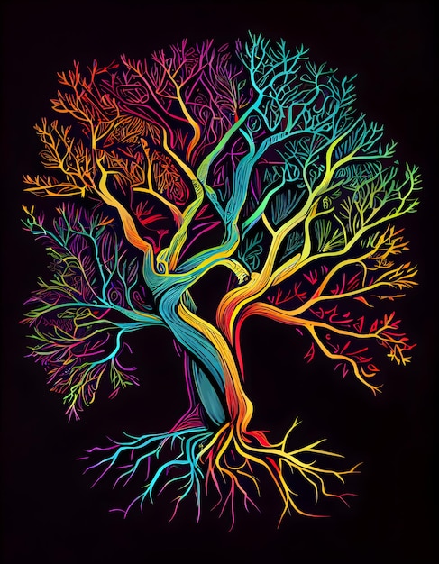 Photo a colorful tree with the roots in the middle