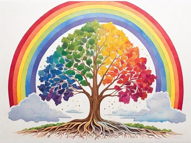 Colorful tree with roots and rainbow in the background