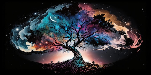 A colorful tree with the roots showing the universe.