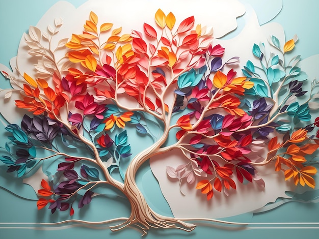 colorful tree with vibrant leaves hanging branches illustration background