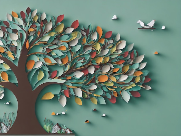 colorful tree with vibrant leaves hanging branches illustration background