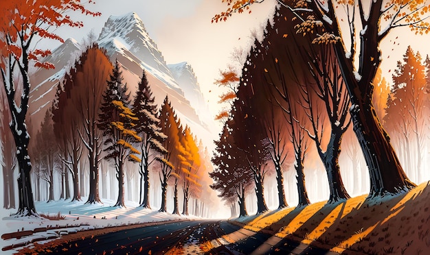 Colorful Trees with a pathway Autumn Landscape background painting illustration Generative AI