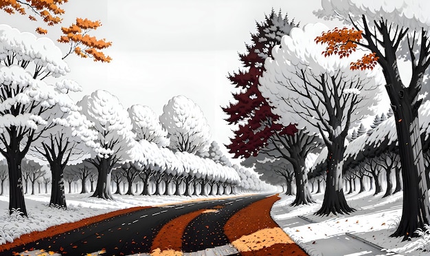 Colorful Trees with a pathway Autumn Landscape background painting illustration Generative AI