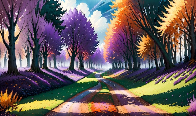 Colorful Trees with a pathway Autumn Landscape background painting illustration Generative AI