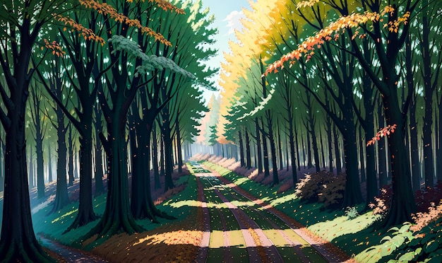 Colorful Trees with a pathway Autumn Landscape background painting illustration Generative AI