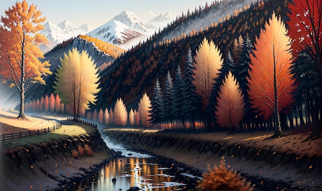 通路のあるカラフルな木々 秋の風景の背景画イラスト 生成AI