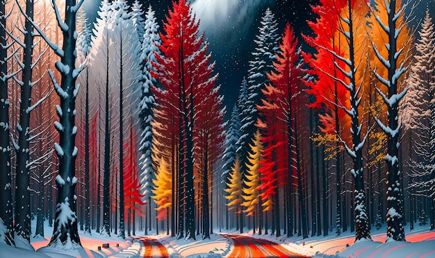 통로가 있는 다채로운 나무 가을 풍경 배경 그림 그림 Generative AI