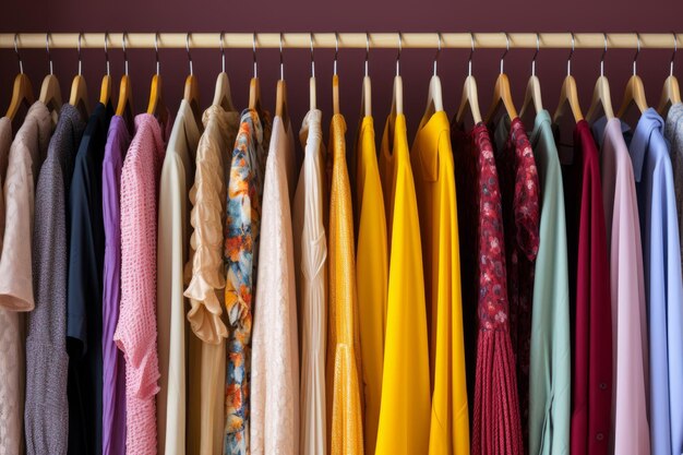 Abbigliamento di moda colorato e alla moda appeso a una mensola in un armadio ben organizzato