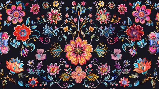 A colorful and trendy floral embroidered pattern which can be used for clothing textiles and home goods