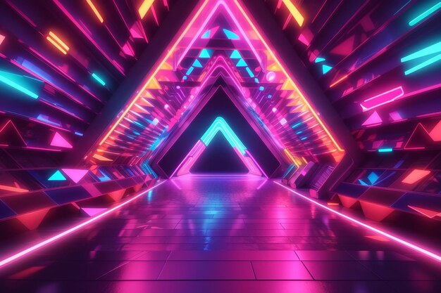 Colorful triangle tunnel with neon lights 4k uhd 3d illustration