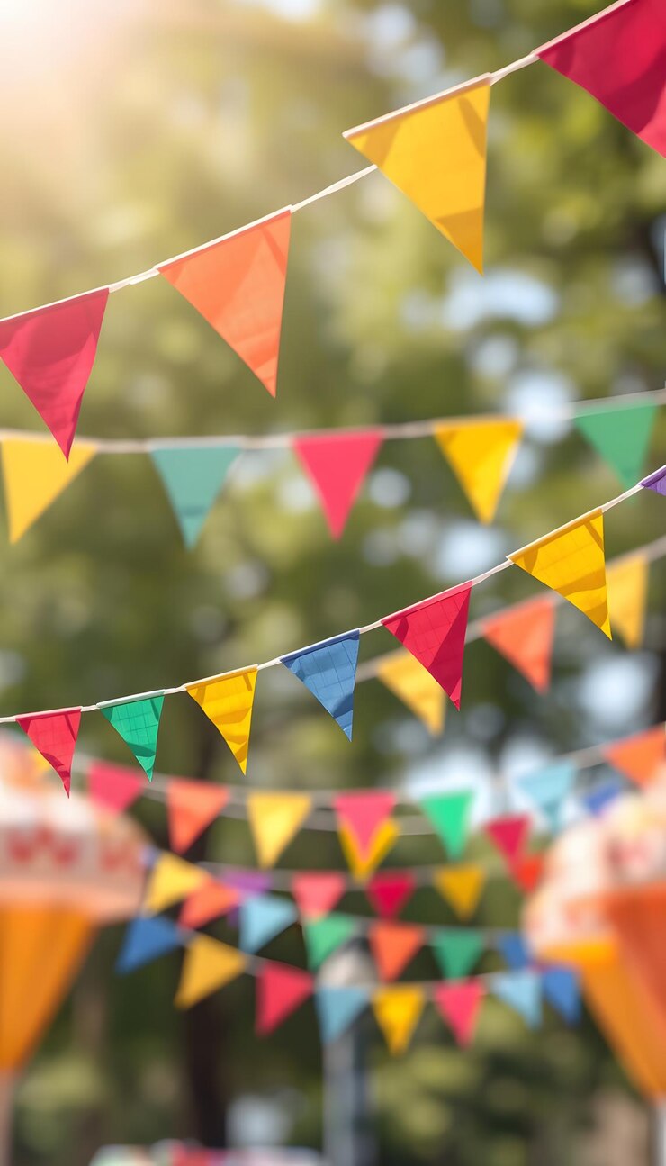 Photo 白色で隔離された屋外パーティー祝賀のための昧な背景のカラフルな三角形の旗