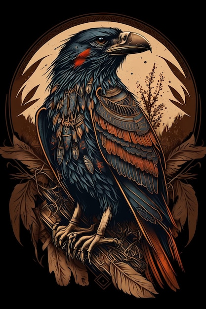 Фото Красочный племенный ворон с перьями тотемный рисунок коренной американский символ со старым диким вором религиозный оккультный или духовный рисунак