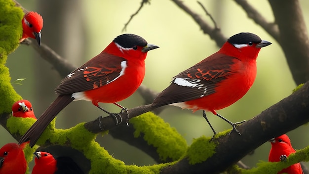 colorful triple red bird sits on a branch in the forest brids with white spots ai generated