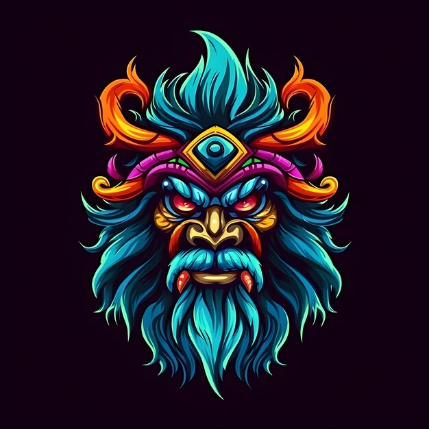 Colorful Troll Warrior Mascot Isolated on Black Background