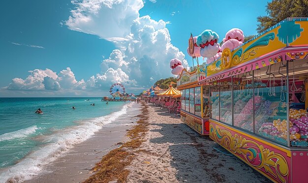 a colorful trolley is on the beach and has a sign that sayshooterson it