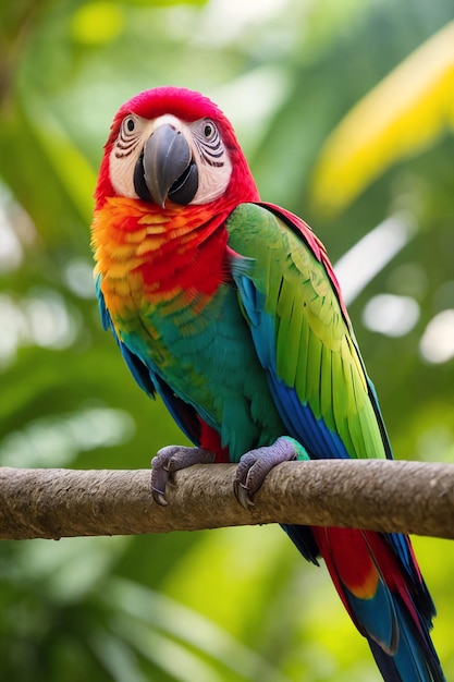 Фото Красочный тропический попугай ара в джунглях в солнечный день иллюстрация тропического леса с ярким красивым ара среди экзотических растений с большими листьями фон с первозданным природным ландшафтом генеративный ai