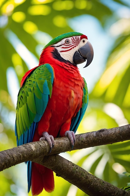 Colorful tropical ara parrot in jungle on a sunny day Rainforest illustration with bright beautiful macaw among exotic plants with big leaves Background with pristine nature landscape Generative AI