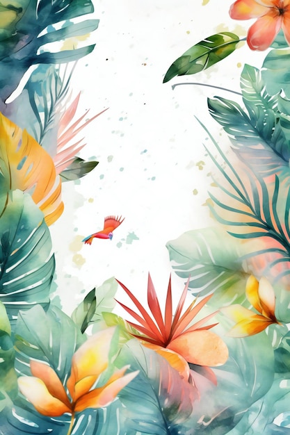 A colorful tropical background with a bird and leaves.