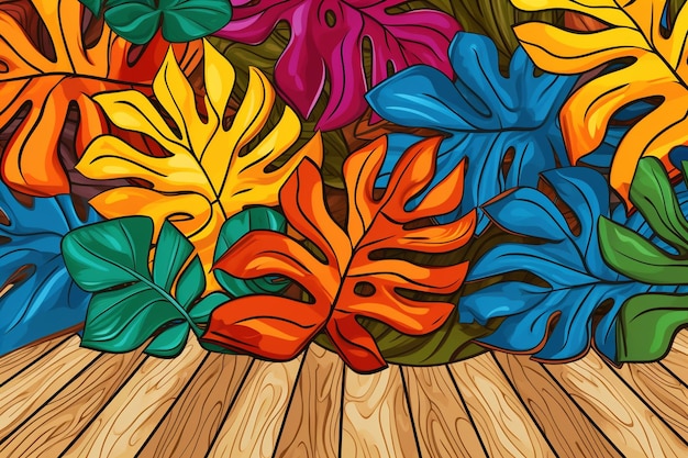 Colorful tropical background with leaves and wooden floor